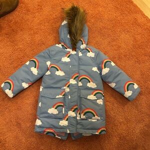 Boden Blue Coat with Rainbow and Cloud Design